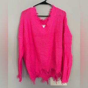 Main Strip Hot Pink Distressed V-Neck Sweater